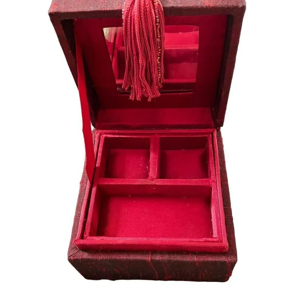 Vintage Red Jewelry Box with bead and tassel 4 x 4 x 3 mirror & removable insert